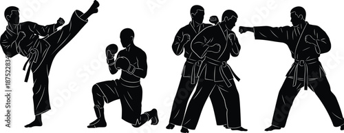 Martial arts fighter silhouettes set, karate and boxing poses, combat training actions, black vector sports illustration, isolated on white background