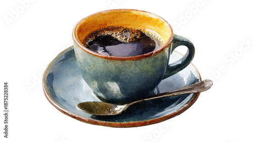 Watercolor painting of a dark coffee cup with amber rim served on a matching saucer including a small spoon