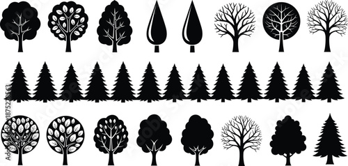 Tree and forest silhouettes set, various botanical shapes, pine and deciduous trees, black vector nature icons, isolated on white background