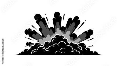 Explosion of dark clouds with debris bursting outwards from the center in a dramatic illustration