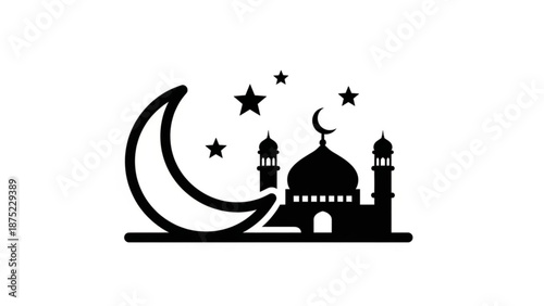 A serene mosque silhouette with crescent moon and stars at dusk