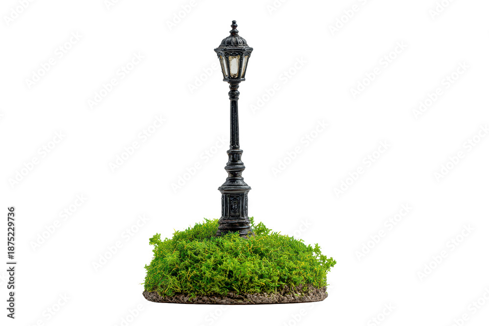 Naklejka premium Decorative street lamp miniature on a small grass base with charming details, compact post, and whimsical diorama feel isolated on transparent background. 