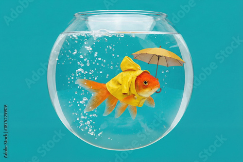 A creative surreal goldfish wearing a yellow raincoat and holding a small umbrella while swimming inside a round glass fishbowl, surreal stilness
