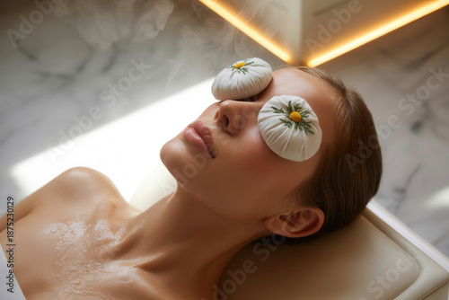Woman receiving spa treatment with herbal compresses on eyes and marble background with soft lighting