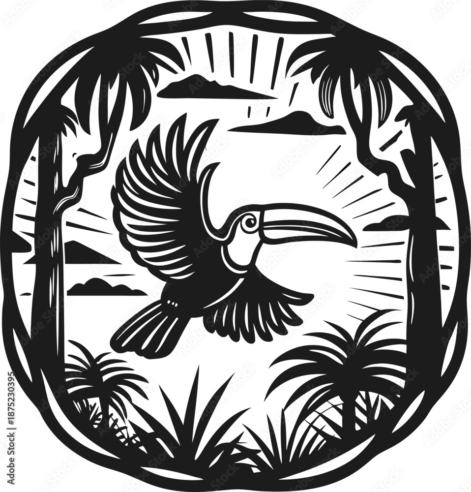 Obraz premium Toucan flying in tropical jungle with palm trees and clouds, wildlife nature silhouette