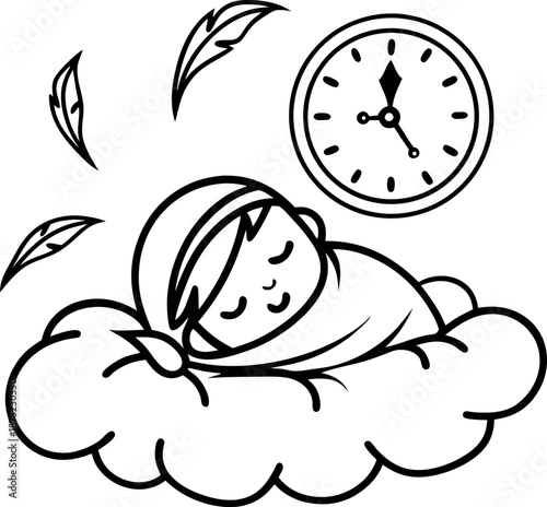 Sleeping child on a cloud with clock and falling feathers, peaceful nap time illustration