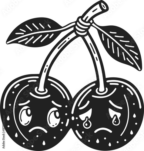 Sad cherries with faces crying and sweating, emotional fresh fruit with leaves, pessimistic and sorrowful natural food illustration