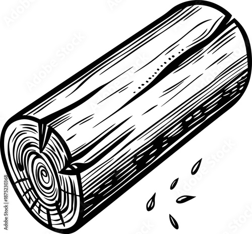 cut tree log with wood grain texture and scattered wood chips, detailed black and white illustration
