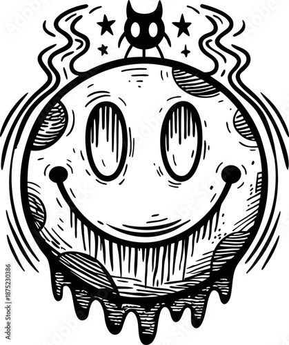 Smiling moon with melting edges and sitting owl mystic night celestial design illustration