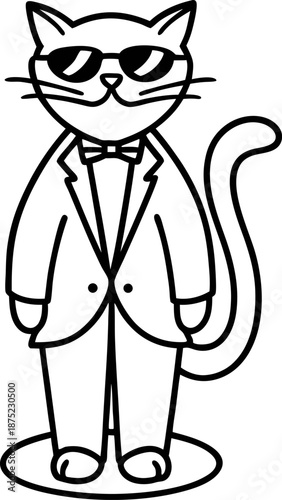 cat wearing sunglasses and tuxedo suit with bow tie standing confidently