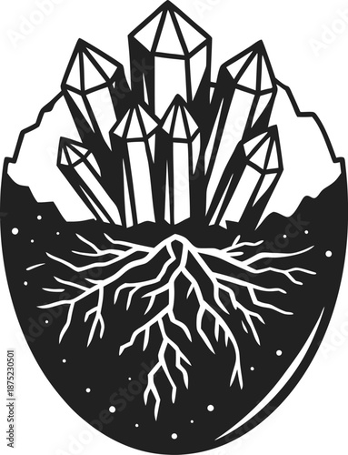 Crystal cluster growing inside cracked stone with intricate root system beneath ground, mystical natural energy concept