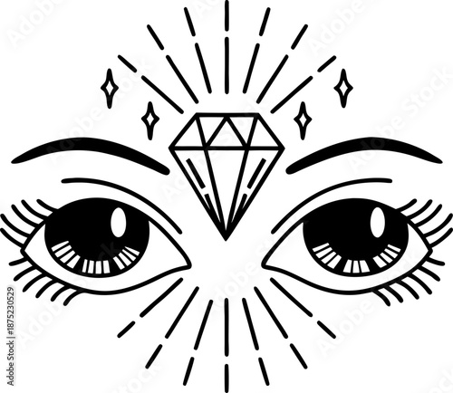 Mystical eyes with radiant diamond and shining rays, spiritual vision and enlightenment symbol