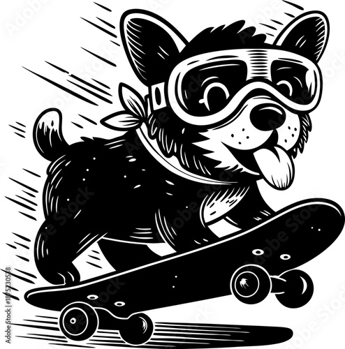 Cute dog wearing goggles skateboarding fast with tongue out and tail up, playful animal sports concept