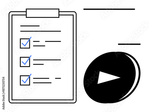 Task management, time tracking, business operations, digital workflow, productivity tools, online learning. A clipboard with checkmarks and a play button icon. Task management and time tracking