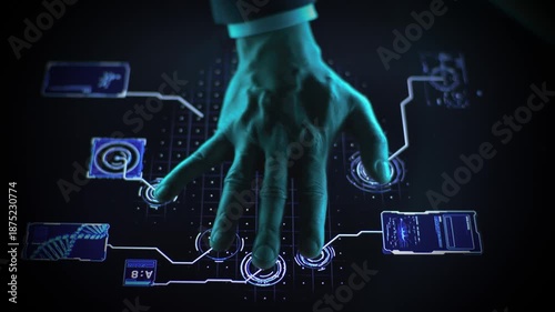 Close-up shot of a hand interacting with futuristic interface icons in a dark room with blue neon light.