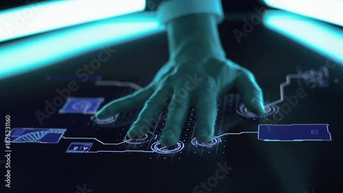 Close-up of a hand interacting with a futuristic touchscreen interface with glowing blue lines and icons in a dark room.
