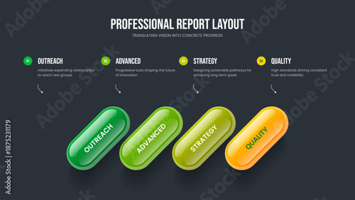 Company Plan Slideshow Template Vector Illustration. Advertising Briefing Four Step Diagram Slide Layout. Marketing Campaign 4 Element Infographic Presentation Design.