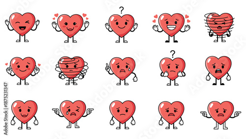 Red heart characters showing a wide range of emotions and reactions like love, confusion, sadness, and excitement.