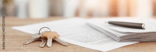 House key, contract document, and pen on wooden desk, real estate transaction, home purchase, or important agreement signing