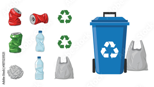 Recycling icons and waste items including aluminum cans and plastic bottles with a blue bin for environmental awareness.