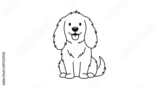 Minimalist black and white line drawing of a friendly dog sitting and smiling with its tongue out in a simple artistic style.