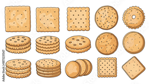 Selection of different crackers and biscuits in various shapes like round and square for snacking and food themes.