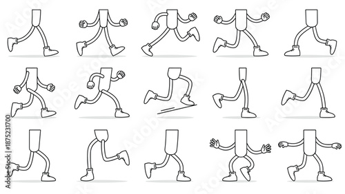 Step-by-step animation frames showing a simple character walking and running for motion design and drawing lessons.
