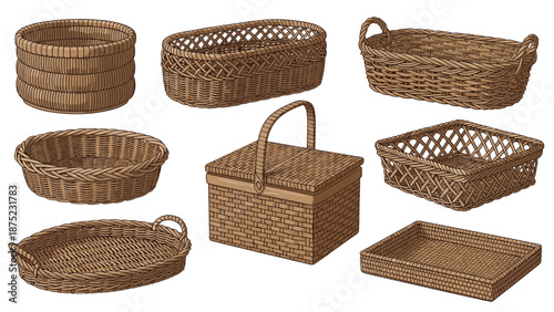 Various styles of hand-woven wicker baskets for household storage and organization shown in a traditional brown color.