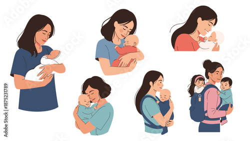 Heartwarming illustrations of mothers caring for their babies through holding and carrying representing strong family bonds.