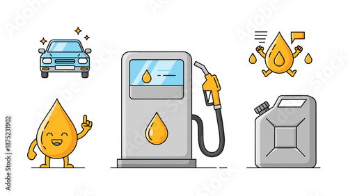 Set of gas station and fuel related icons and characters including a gas pump, car, canister, and fuel drop mascots.
