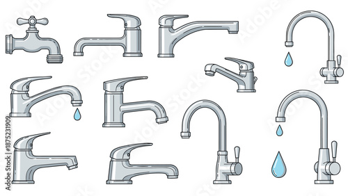 Assortment of water faucet designs for kitchens and bathrooms featuring different styles and water flow illustrations.