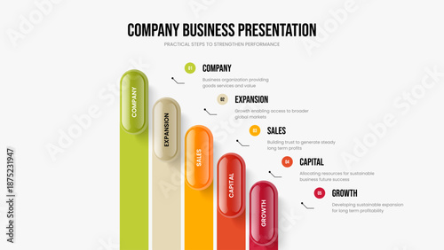 Company Briefing 5 Step Infographic Frame Template. Corporate Launch Slideshow Design Vector Illustration. Professional Proposal Five Option Diagram Presentation Layout.