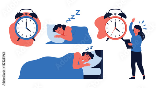 Infographic style illustrations of a woman sleeping and waking up to alarm clocks to represent sleep cycles and routine.