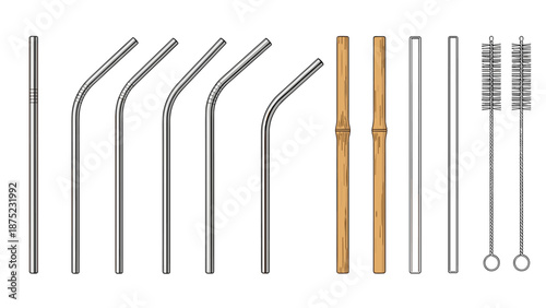 Eco-friendly drinking straws made from metal, bamboo, and glass along with cleaning brushes to promote sustainable living.