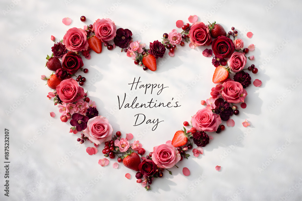 Obraz premium Valentines day heart shape flowers arrangement with happy valentines day message