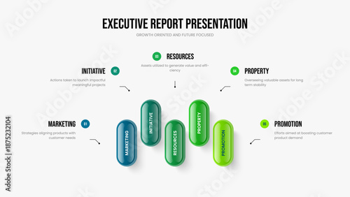 Corporate Report 5 Option Diagram Frame Template. Business Visualization Presentation Design Vector Illustration. Digital Planning Five Step Infographic Slide Layout.
