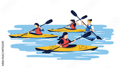 Group of people enjoying outdoor activity by kayaking in yellow and blue boats on a calm water surface in a peaceful landscape.