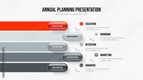 Product Development Five Step Infographic Slideshow Template. Service Introduction 5 Option Diagram Frame Design. Visual Solution Presentation Layout Vector Illustration.