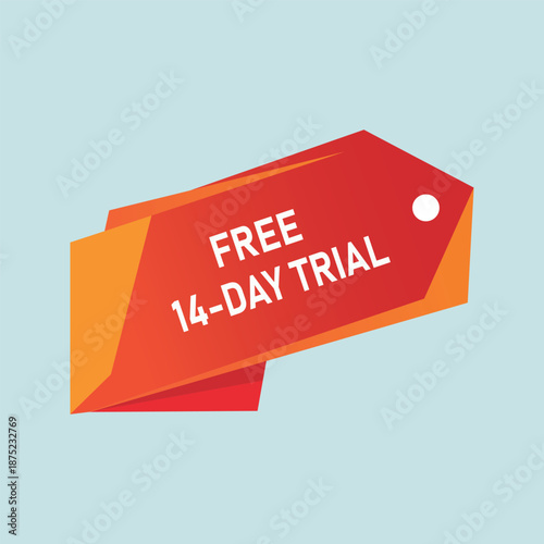 A vibrant red and orange free trial badge prominently displayed on a pale blue background