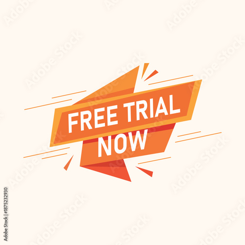 Bright orange banner announces a free trial offer with bold text and dynamic lines