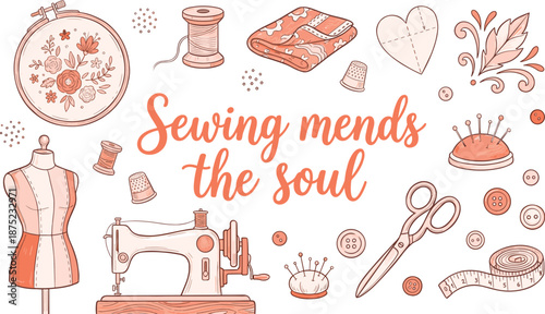  flat vector, embroidery hoop, sewing quote, warm palette flat vector, embroidery hoop, sewing quote, warm palette flat vector, embroidery hoop, sewing quote, warm palette  flat vector illustration