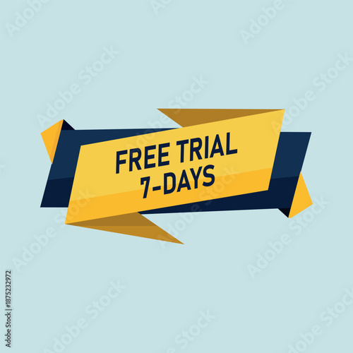 Bright yellow and dark blue ribbon banner advertises a seven day free trial offer