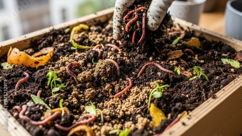 Vermicomposting with worms in a wooden bin