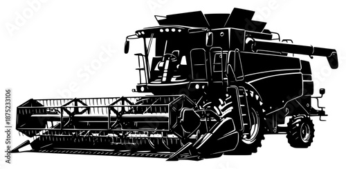 a black and white illustration of a combine harvester, black, drawing, illustration, silhouette, against transparent background