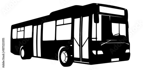 a black and white image of a bus with the city in the background, black, bus, city, city bus, image, silhouette, against transparent background