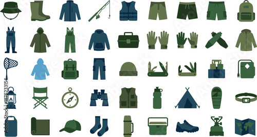 Camping gear icons, outdoor equipment, hiking tools, fishing items,  green blue tones, flat vector illustration