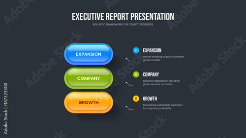 Creative Innovation Slide Design Vector Illustration. Visual Solution 3 Element Infographic Frame Template. Market Planning Three Option Diagram Slideshow Layout.