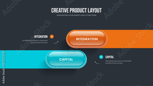 Professional Development Slideshow Template Vector Illustration. Investor Insight Two Step Infographic Presentation Design. Visual Forecast 2 Element Diagram Slide Layout.