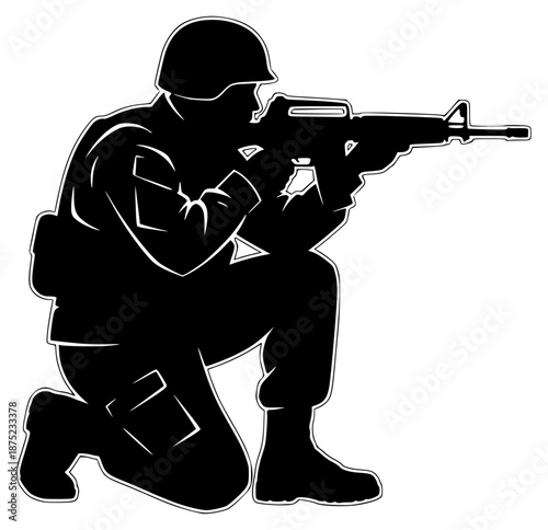 a black and white picture of a soldier with a gun, black, gun, picture, silhouette, soldier, against transparent background