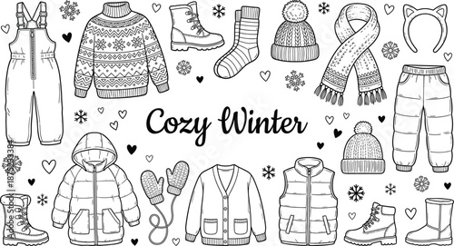 Cozy winter clothes, warm apparel, boots, sweater, scarf, mittens, beanie, , seasonal fashion, cold weather wear, flat vector illustration
